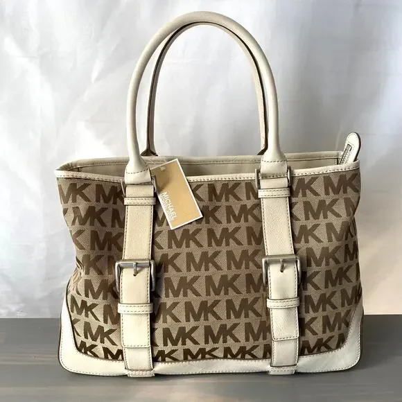 Michael Kors Brookville East West Tote Carry All Bag Tan Jacquard Canvas VTG Y2K